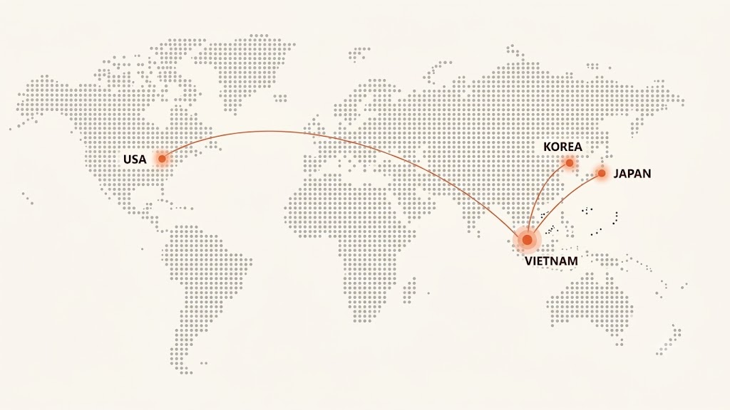 Bản đồ kết nối Sơn Thanh từ Việt Nam đến Mỹ, Hàn Quốc và Nhật Bản